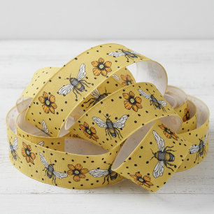 Ruban Gros-grain Fleurs d'abeilles et de cosmos jaunes
