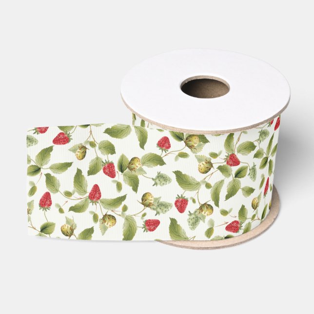 Ruban Gros-grain Fleurs de Fraisier Sauvage Rouge Sucré Mariage (Bobine)