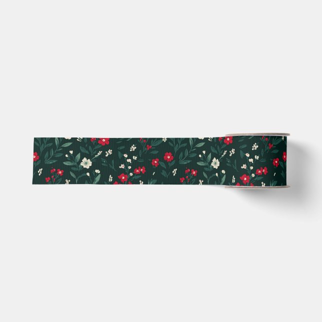 Ruban Gros-grain Fleurs de Noël vertes rouges et blanches (Devant)