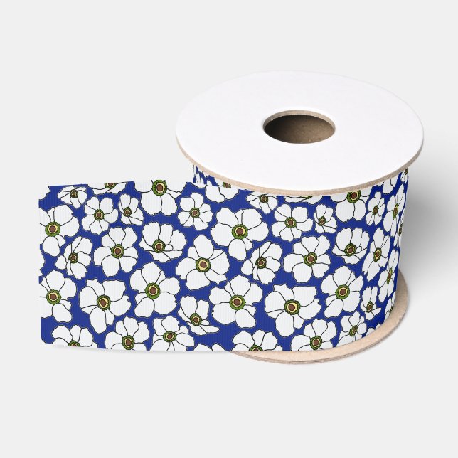 Ruban Gros-grain Fleurs sauvages blanches tropicales sur fond bleu (Bobine)