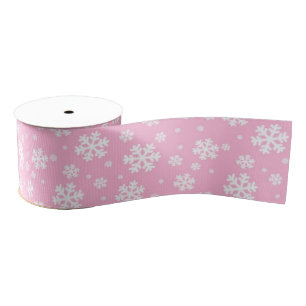 Ruban Gros-grain Flocons blancs sur motif d'hiver rose clair