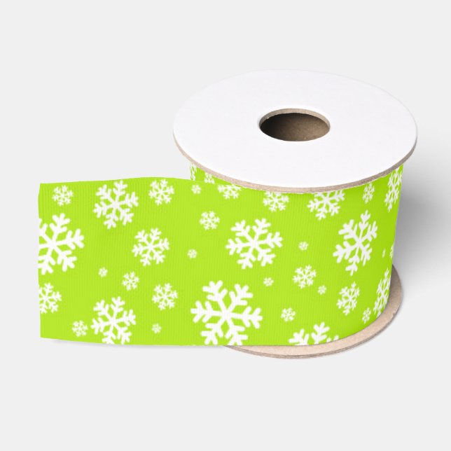 Ruban Gros-grain Flocons blancs sur motif vert d'hiver (Bobine)