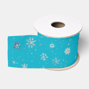 Ruban Gros-grain Flocons de Noël Aqua Bleu Argenté Blanc