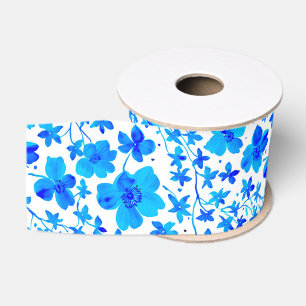 Ruban Gros-grain Flore botanique en bleu profond et blanc