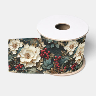 Ruban Gros-grain Flore de Noël aux fleurs blanches et verdure