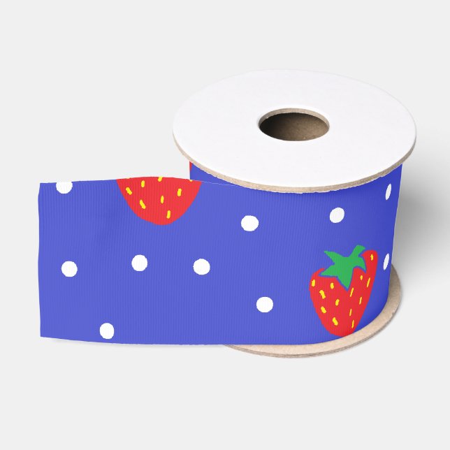 Ruban Gros-grain Fraises et pois bleu-foncé (Bobine)