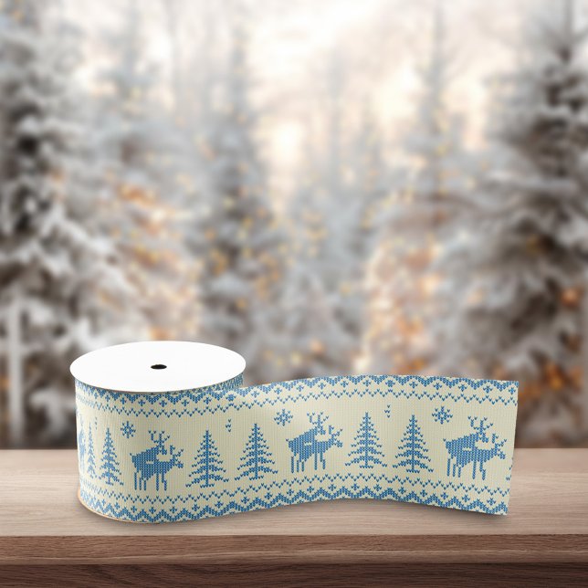 Ruban Gros-grain Funny Reindeer Christmas Tree Snow Blue Pattern (Créateur téléchargé)