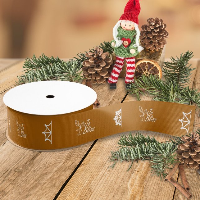 Ruban Gros-grain Golden Brown Business Logo Snowflakes Promotion (terracotta ribbon with white business logo, brown beige company holiday christmas gift ribbon)