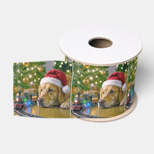 Ruban Gros-grain Golden Retriever de Noël regardant un train jouet