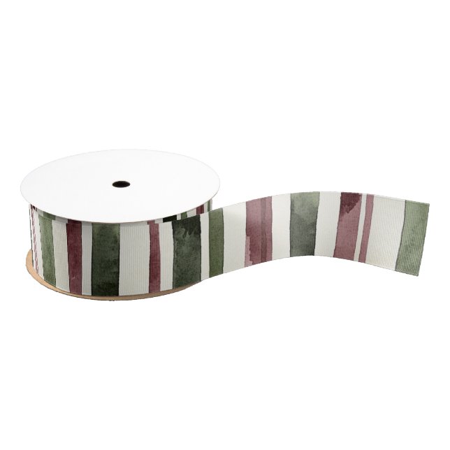 Ruban Gros-grain Green Burgundy Red Cream Stripes Christmas (Bobine)