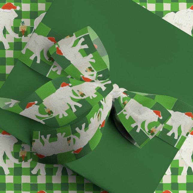 Ruban Gros-grain Green Checkered White Elephant Christmas Party (White Elephant Christmas Party theme illustrated grosgrain ribbon with a green checkered background.)