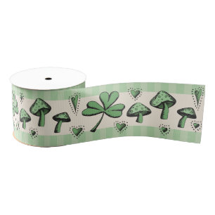 Ruban Gros-grain Green & Cream Shamrock Coeurs et champignons 3"