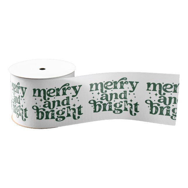 Ruban Gros-grain Green & White Christmas Merry & Bright Holiday (Bobine)