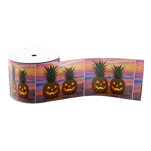 Ruban Gros-grain Halloween Pineapple Jack-o-lanterns On a Beach (Bobine)