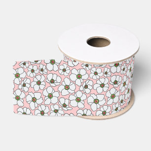 Ruban Gros-grain Imprimé floral bohème blanc sur fond rose