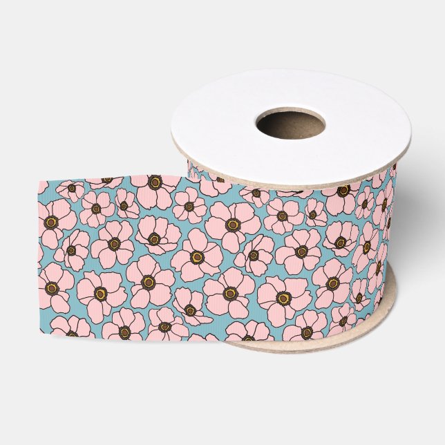 Ruban Gros-grain Imprimé floral rose et bleu  (Bobine)