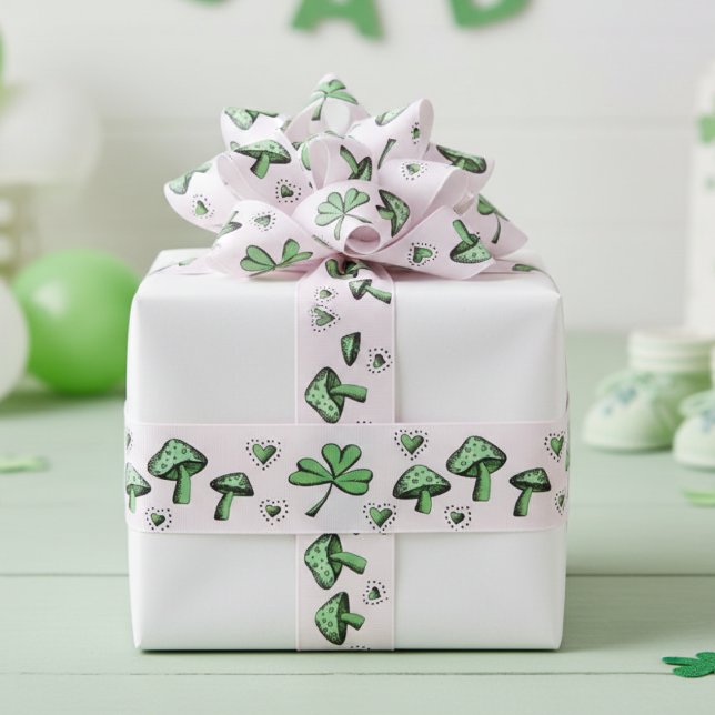 Ruban Gros-grain Irlandais rose et vert Shamrock Coeur et champigno (St Patrick's Day Baby Shower Pink & Green Shamrocks Ribbon for Her. Cute Four Leaf CLovers & Hearts)