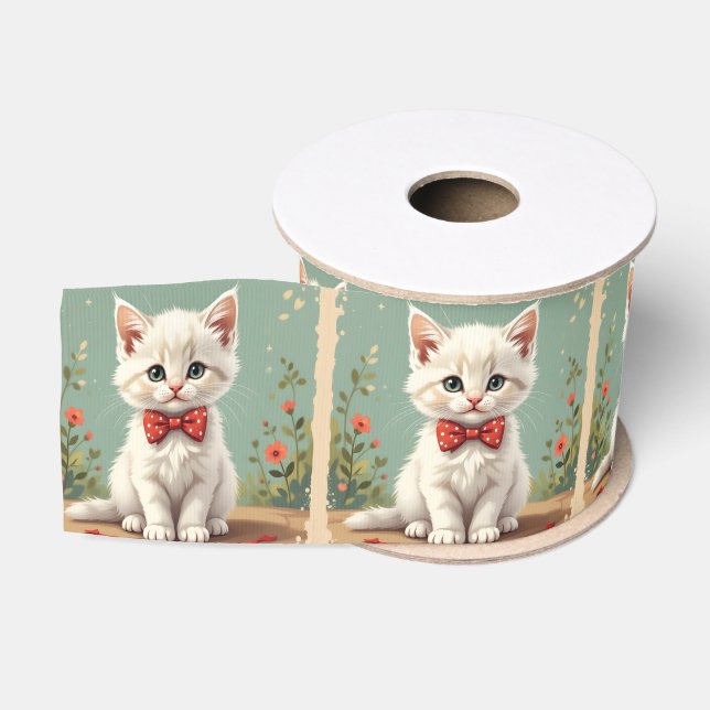 Ruban Gros-grain Joli adorable chat blanc avec noeud papillon (Bobine)