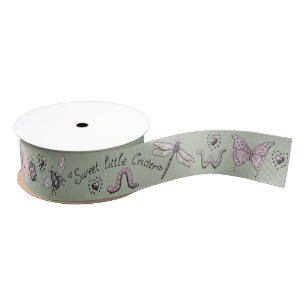 Ruban Gros-grain Joli Monogramme d'insectes rose et vert pâle