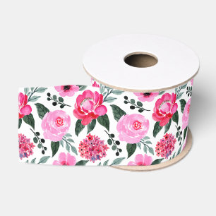 Ruban Gros-grain Joli motif floral aquarelle rose rouge d'hiver