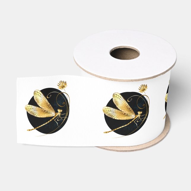 Ruban Gros-grain libellule d'or en cercle noir (Bobine)