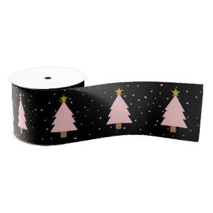 Ruban Gros-grain Ligne d'arbre de Noël rose mignonne, étoiles d'or 