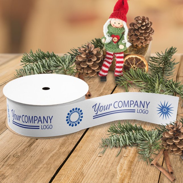Ruban Gros-grain Logo bleu Blu Snowflake Business Logo Cadeau de va (white ribbon with blue business logo, blue company holiday christmas gift ribbon, promotional logo)