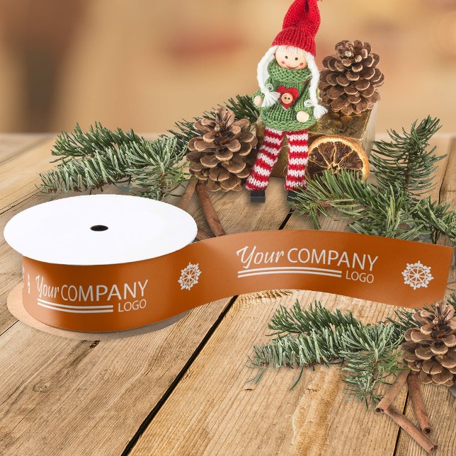 Ruban Gros-grain Logo promotionnel Orange Blanc Snowflake Noël (orange company logo ribbon for Christmas holiday gifts, orange ribbon with white snowflakes)