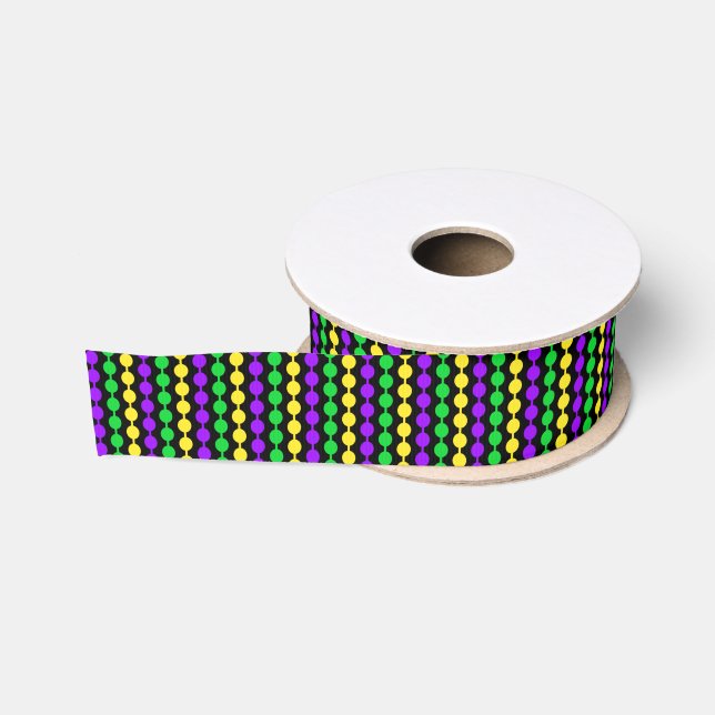 Ruban Gros-grain Mardi Gras Vert, Jaune, Perles Violettes sur Fond  (Bobine)