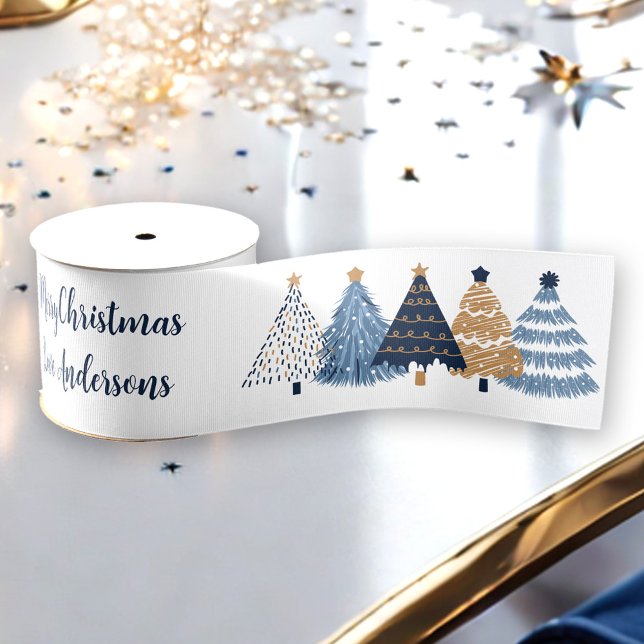 Ruban Gros-grain Marine Arbres Bleus Moderne Simple Nom de Noël (Navy Blue Trees Modern Simple Christmas Name Grosgrain Ribbon)