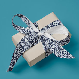 Ruban Gros-grain Marine et Motif blanc de la Méditerranée