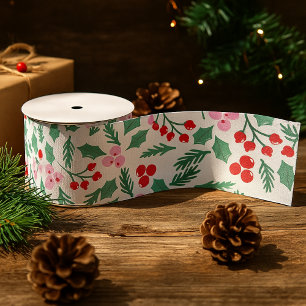 Ruban Gros-grain Modèle floral moderne rouge et vert de Noël