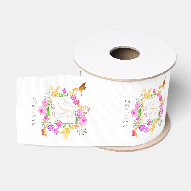 Ruban Gros-grain Monogramme de jardin floral blanc (Bobine)