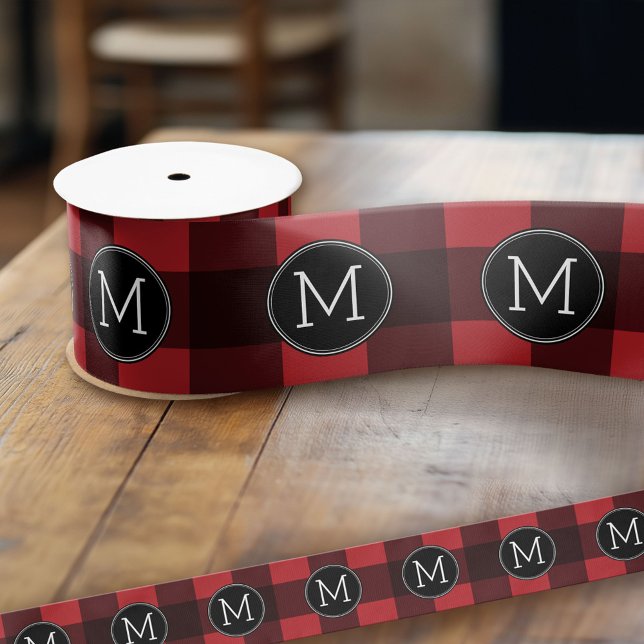 Ruban Gros-grain Monogramme de Motif de buffle rouge et noir rustiq (Custom Monogram Ribbon)