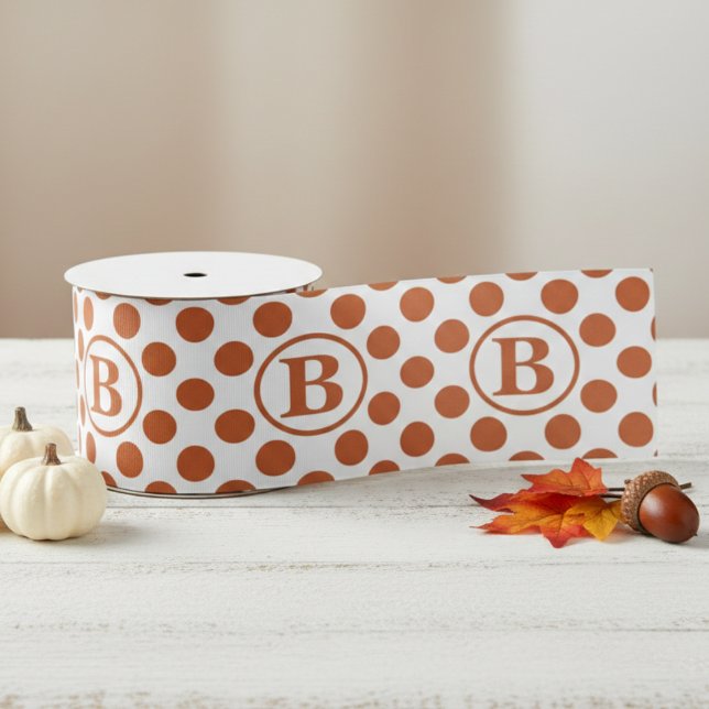 Ruban Gros-grain Monogramme Élégant à Points Terracotta (Elegant Terracotta Polka Dots Pattern Ribbon for Autumn Party, Fall Birthday. Modern Pumpkin Color)