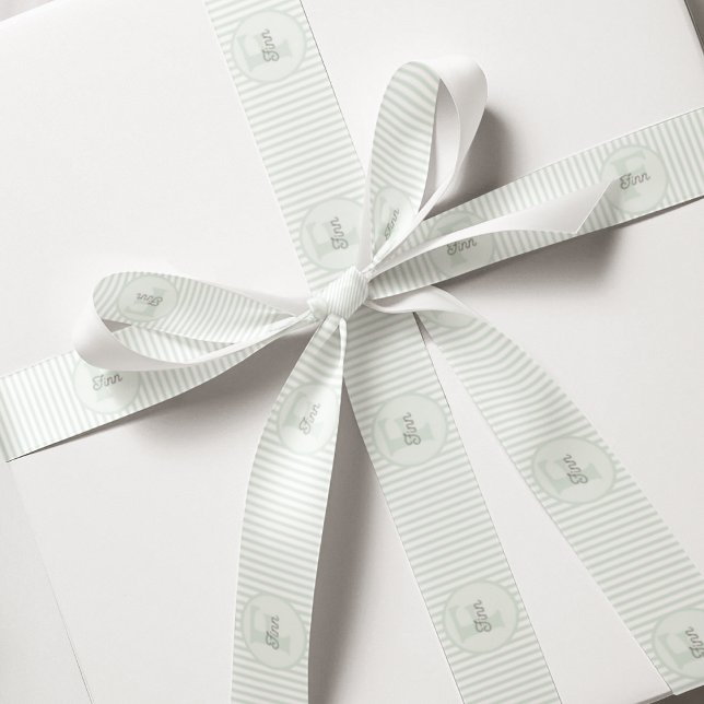 Ruban Gros-grain Monogramme Pastel Vert et blanc rayé (Cute Gender Neutral Monogram and Name Ribbon for Kids. Pastel Green and White Stripes.)