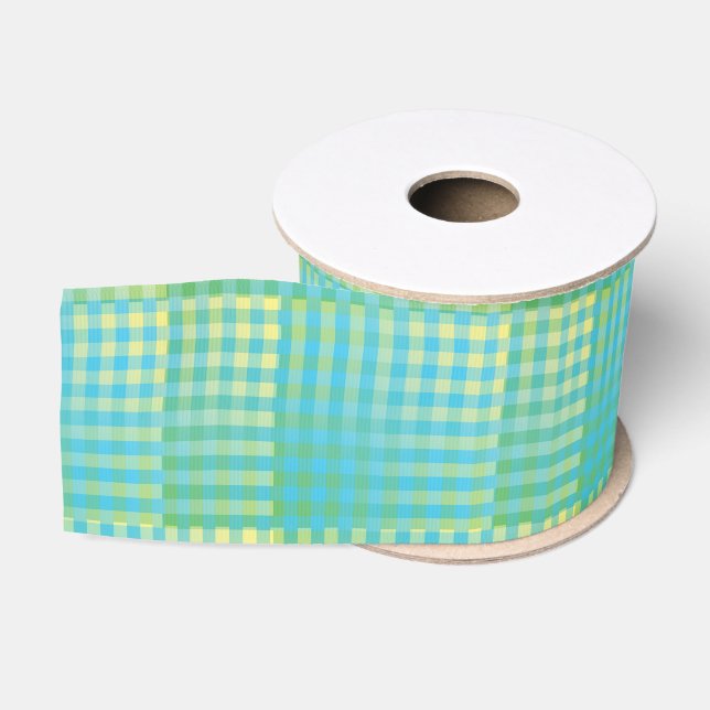 Ruban Gros-grain Motif Abstrait à Damier Bleu Vert (Bobine)