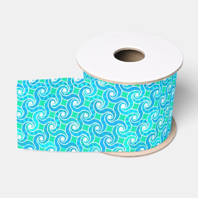 Ruban Gros-grain motif Abstrait - Bleu, Jade vert & Blanc (Bobine)