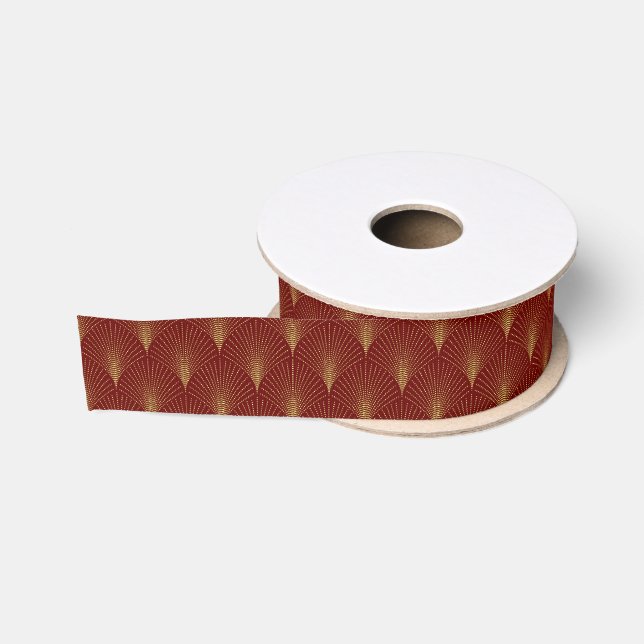 Ruban Gros-grain Motif art déco doré sur fond rouge (Bobine)