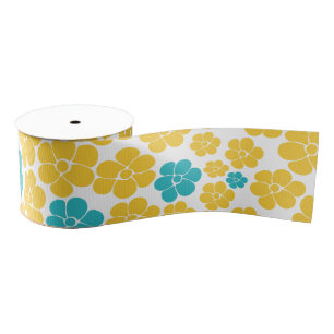 Ruban Gros-grain Motif aux fleurs - Turquoise et Jaune