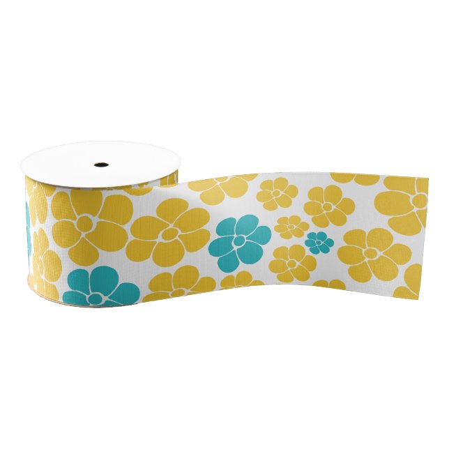 Ruban Gros-grain Motif aux fleurs - Turquoise et Jaune (Bobine)