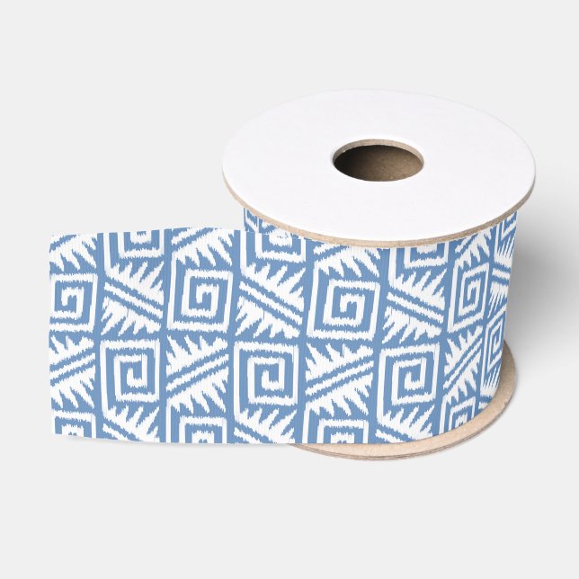 Ruban Gros-grain Motif Aztec Ikat - Bleu ciel et blanc (Bobine)