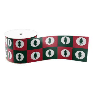 Ruban Gros-grain Motif damier Arbres de Noël rouges et verts