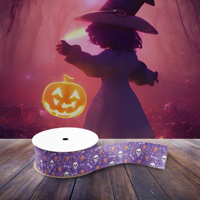 Ruban Gros-grain Motif de café d'Halloween violet os crâne (Créateur téléchargé)