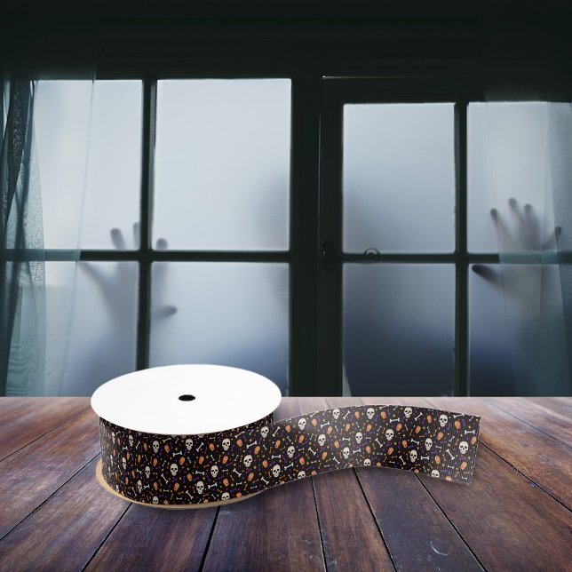 Ruban Gros-grain Motif de café noir Halloween crâne os (Créateur téléchargé)