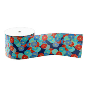 Ruban Gros-grain Motif de fleurs Art Déco - bleu, turquoise et roug