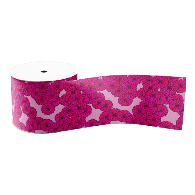 Ruban Gros-grain Motif de fleurs Art Déco - magenta sur rose (Bobine)