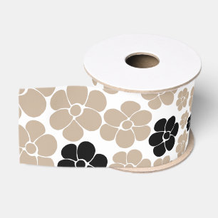 Ruban Gros-grain Motif de fleurs - Taupe, noir et blanc
