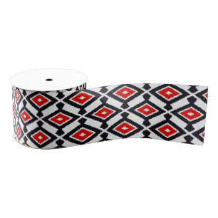 Ruban Gros-grain Motif d'Ikat - rouge foncé, noir et blanc
