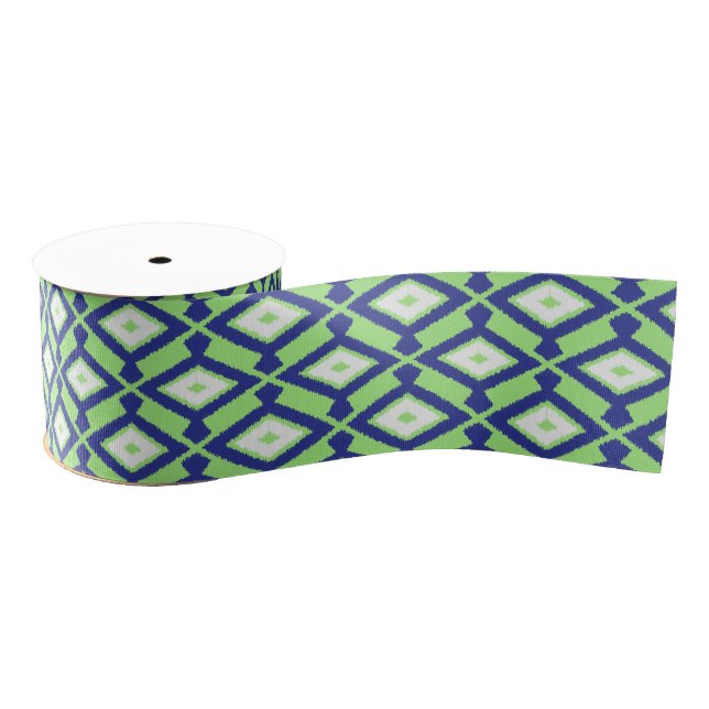 Ruban Gros-grain Motif d'Ikat - vert, bleu d'indigo et blanc (Bobine)